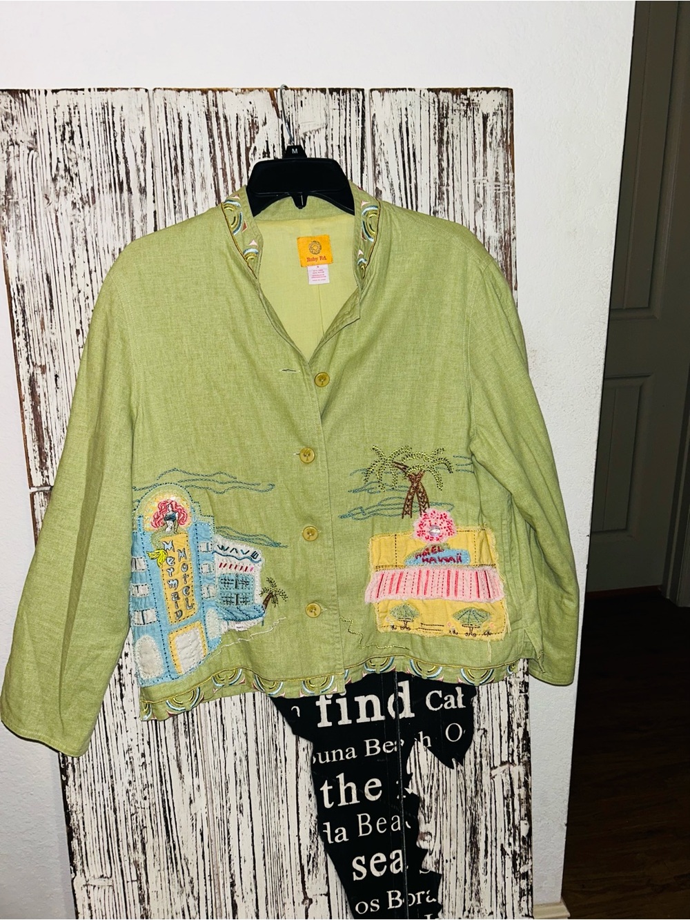 Ruby Rd. Vintage Lime Green Linen Blend Jacket with Beachy Embroidery
